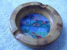 Unique Wood with Reverse Painted Rio de Janeiro Painting Ashtray Astro 5 1/2" W