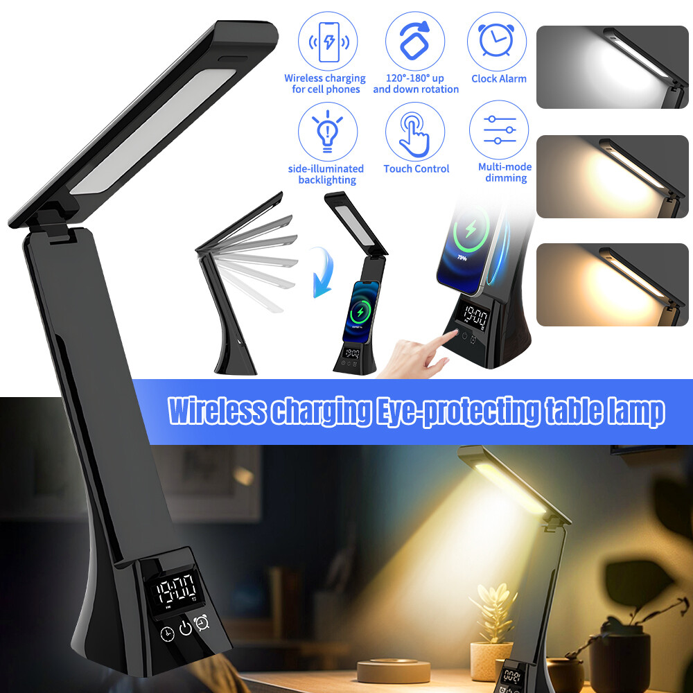 LED Desk Lamp with Wireless Charger & Clock Dimmable Touch Sensor Night Light US