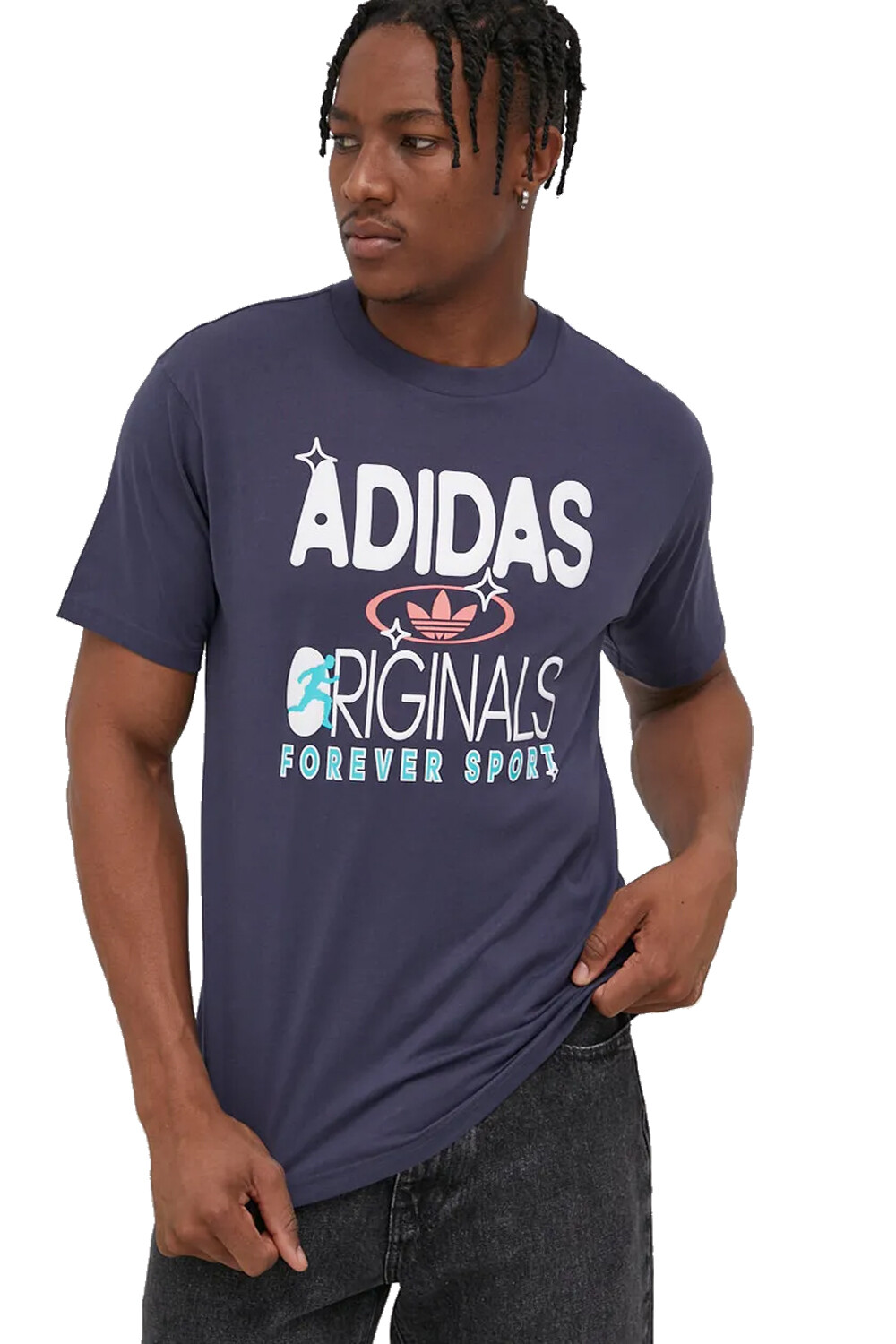 Спортивная футболка Adidas Mens Originals Forever с коротким рукавом и графическим принтом, темно-синий
