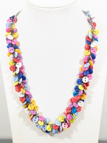 Multi Color Unique Button Charm Cluster Statement Necklace Boho Coastal Unique