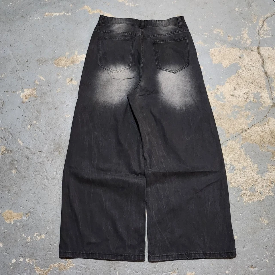 Jeans preto folgado perna larga anos 2000 desgastado desbotado 32w x 29l - Imagem 3 de 4