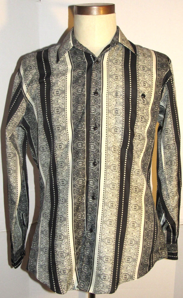 CAMISA MANGA LARGA VINTAGE HOMBRE AÑOS 80 'MILANO BAY' PATRÓN ENCAJE NEGRO! 15/33,5 Foto 2 de 4
