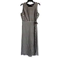 Vince Camuto Sz 8 Black Striped Sleeveless Midi Faux Wrap Dress