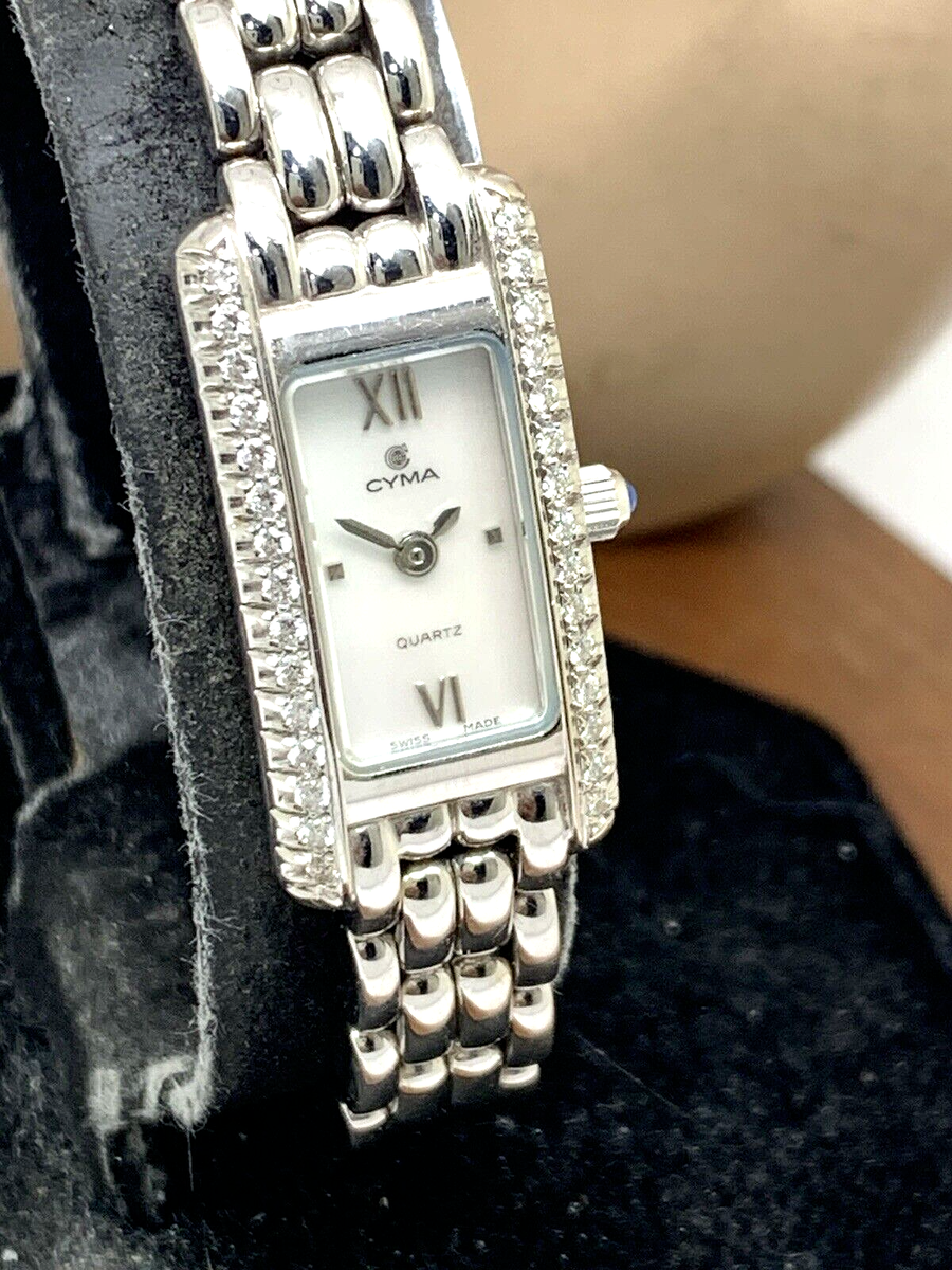 Cyma Women's Watch Swiss Quartz Diamond Mother of Pearl Dial Tank 18k White  Gold