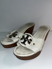 Tory Burch Women's 9.5 Creme Leather Open Toe Wedge. Pre Owned.