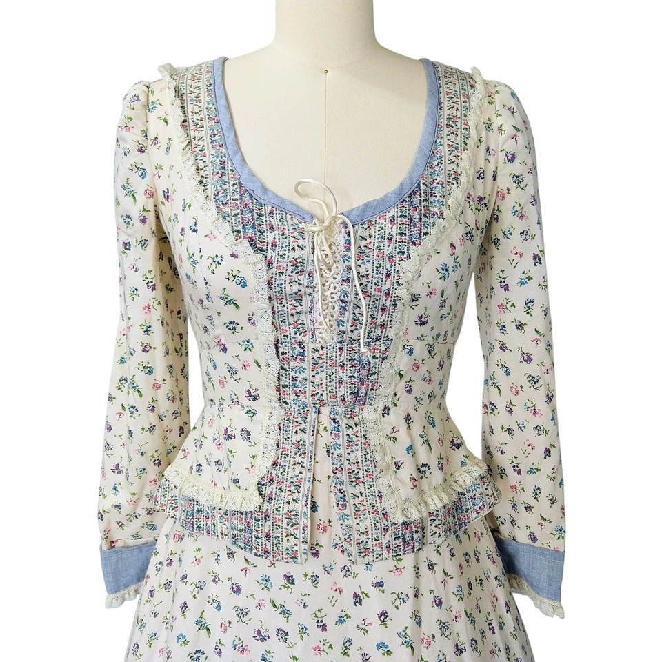 Vintage Prairie Style Peplum Midi Dress Size S Floral Corset Handmade 70s - Image 3 of 4