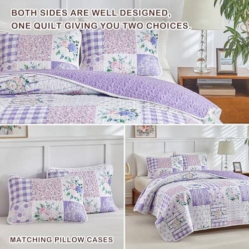  3 Pieces Floral Quilt Set Queen, Patchwork n Pink Flowers Queen-90"x90" Purple