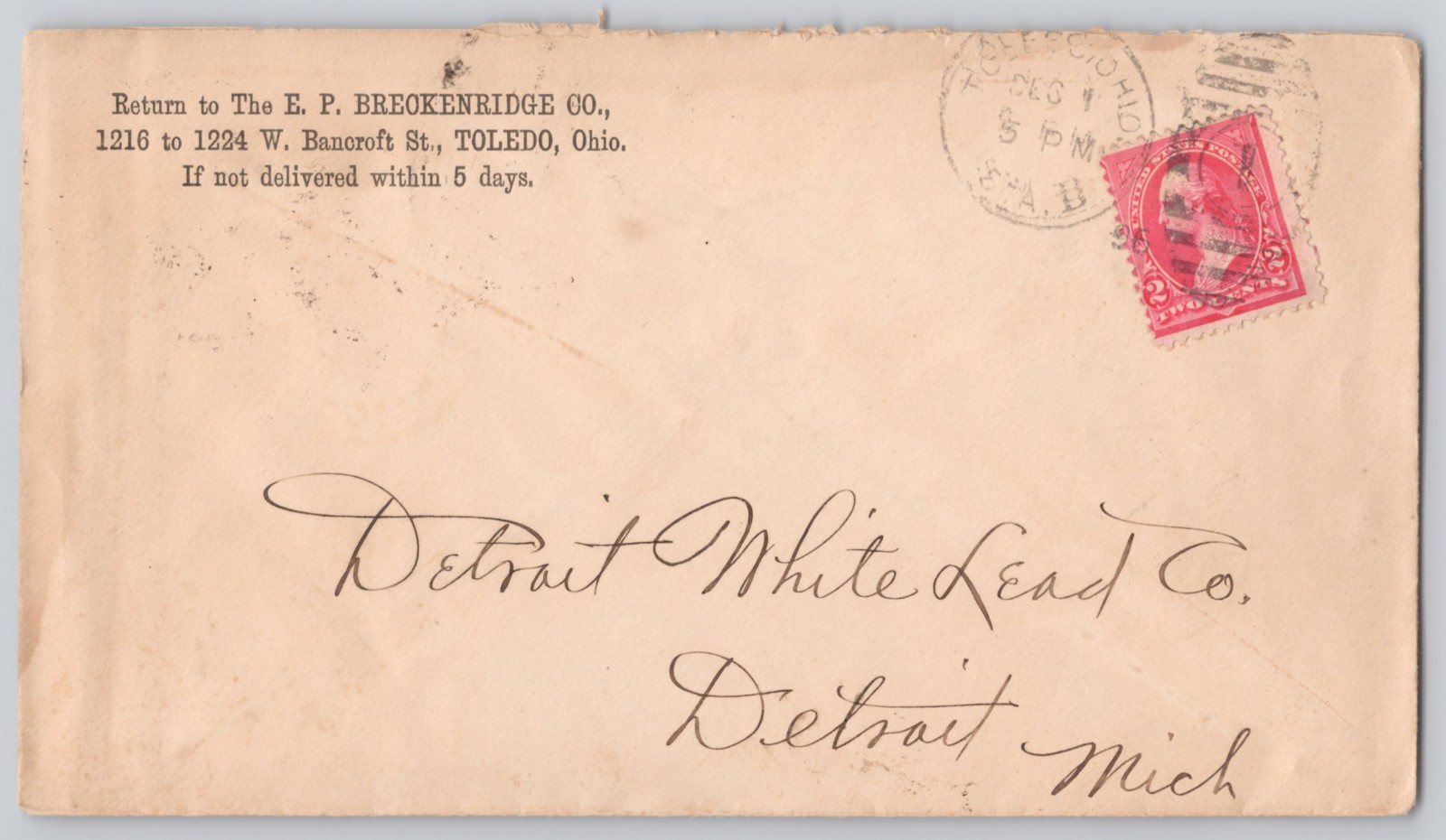 Toledo, OhioE.P. Breck. Co. cover to Detroit White Lead, Un 1898 2c