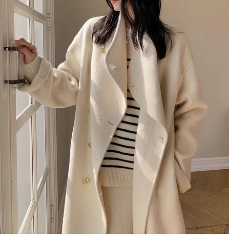 Langer zweireihiger Damen-Trenchcoat Wolle Reverskragen Mantel Oberbekleidung Knopf - Bild 25 von 25