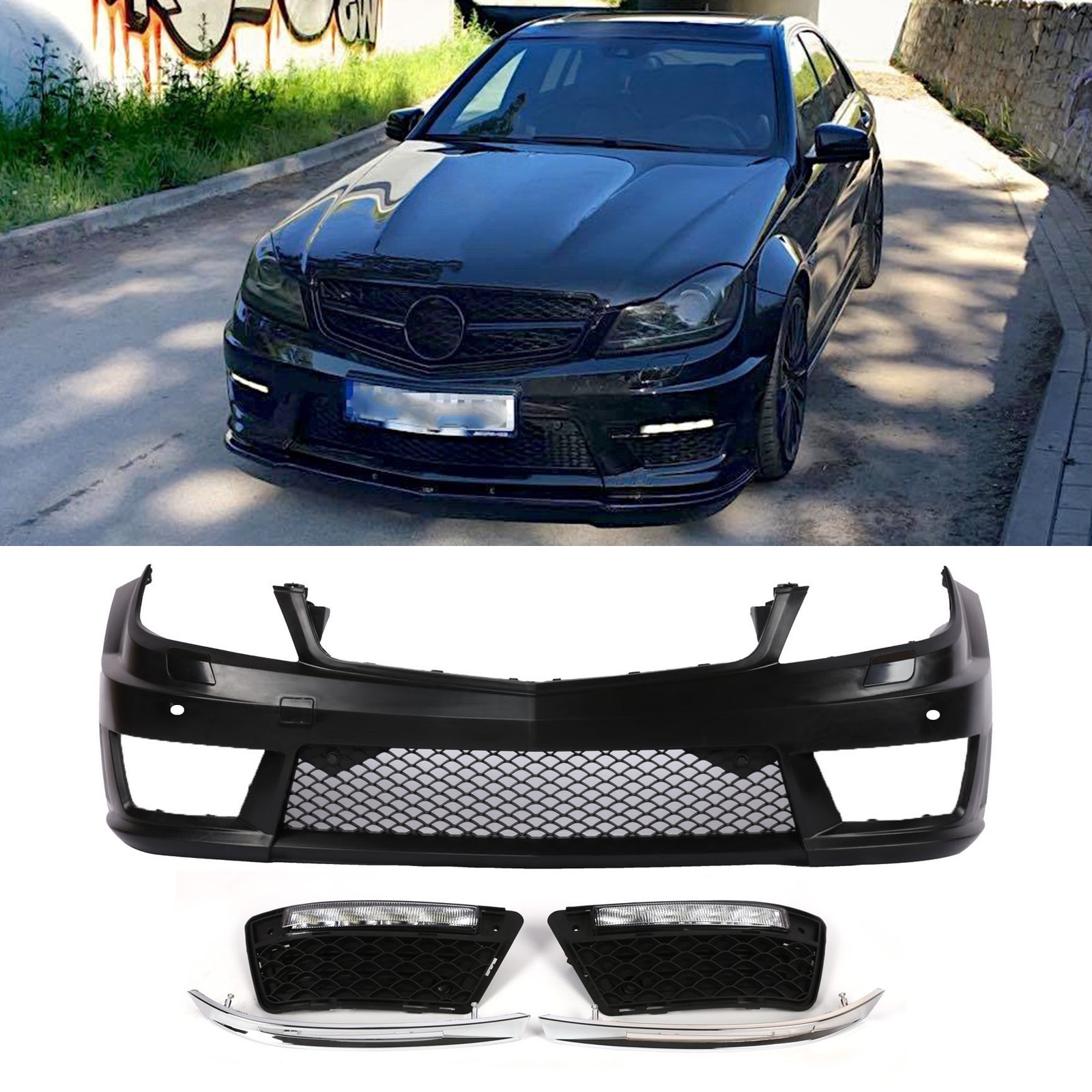 For Benz W204 12-15 C-Class C250 C300 C350 Front Bumper W/ DRL W/ PDC