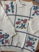 VINTAGE ALFRED DUNNER FLORAL CABLE KNIT SWEATER Women's XL Cream