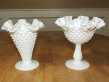 Vintage Lot of 2 Pieces of Fenton Hobnail Milk Glass Compote  Vase