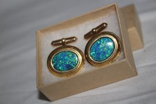 Vintage 14K Gold .585 Opal Doublet 16g Cufflinks Blue Green Fire European Marked