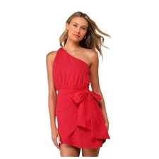 Lulus Women's Red Forever Summer One-Shoulder Faux Wrap Mini Dress Cotton L NWT