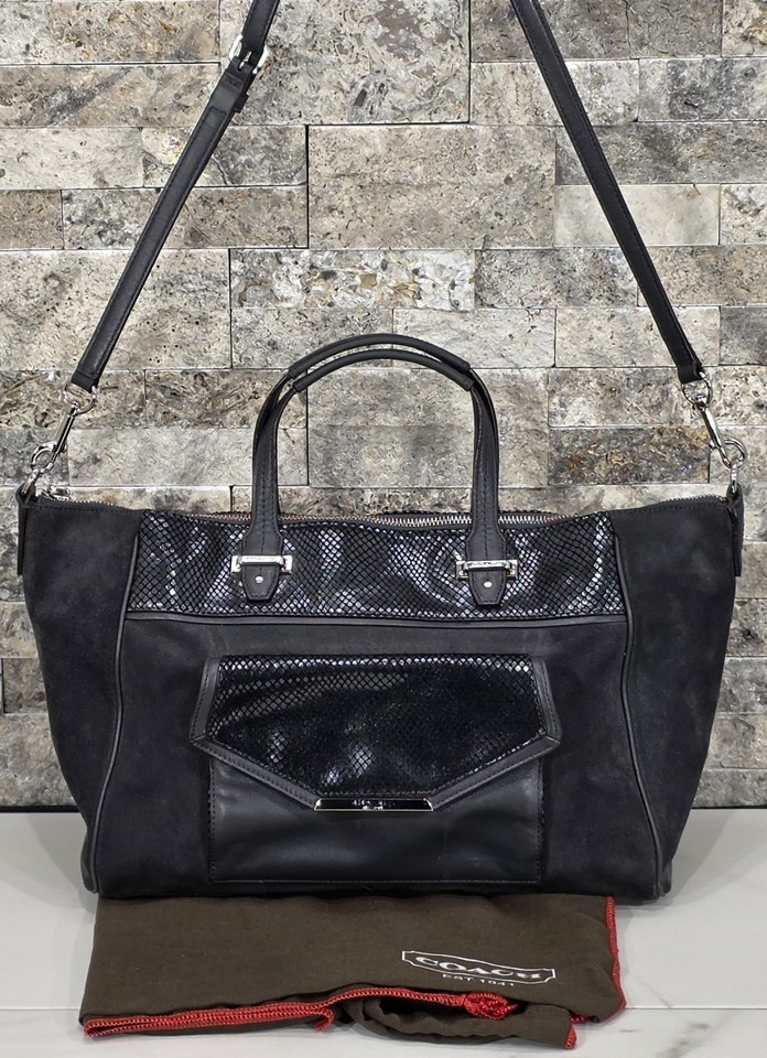 Coach Taylor Satchel Black Suede Snakeskin Embossed Leather Shoulder Bag Purse