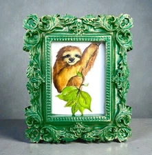 Sloth mini watercolor animal print in green vintage style ornate frame with hook