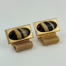 Vtg Hickok Gold Tone Mesh Wrap Cufflinks Brown Lucite Cabochon Midcentury