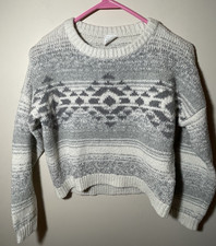 Abercrombie Kids Pullover Sweater Girls 11/12 Gray White Cropped Long Sleeve