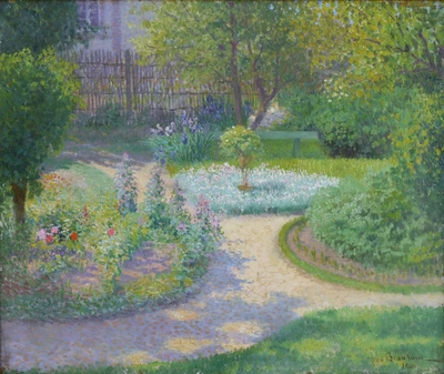 Jardin fleuri iris roses impressionnisme 1900 vert.Jean BEAUDUIN (1851-1916) - Photo 1/4