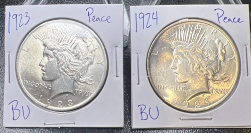 Lot Of 2 Uncirculated Peace Silver Dollars 1923 & 1924 - 90% Ag Beautiful Coins