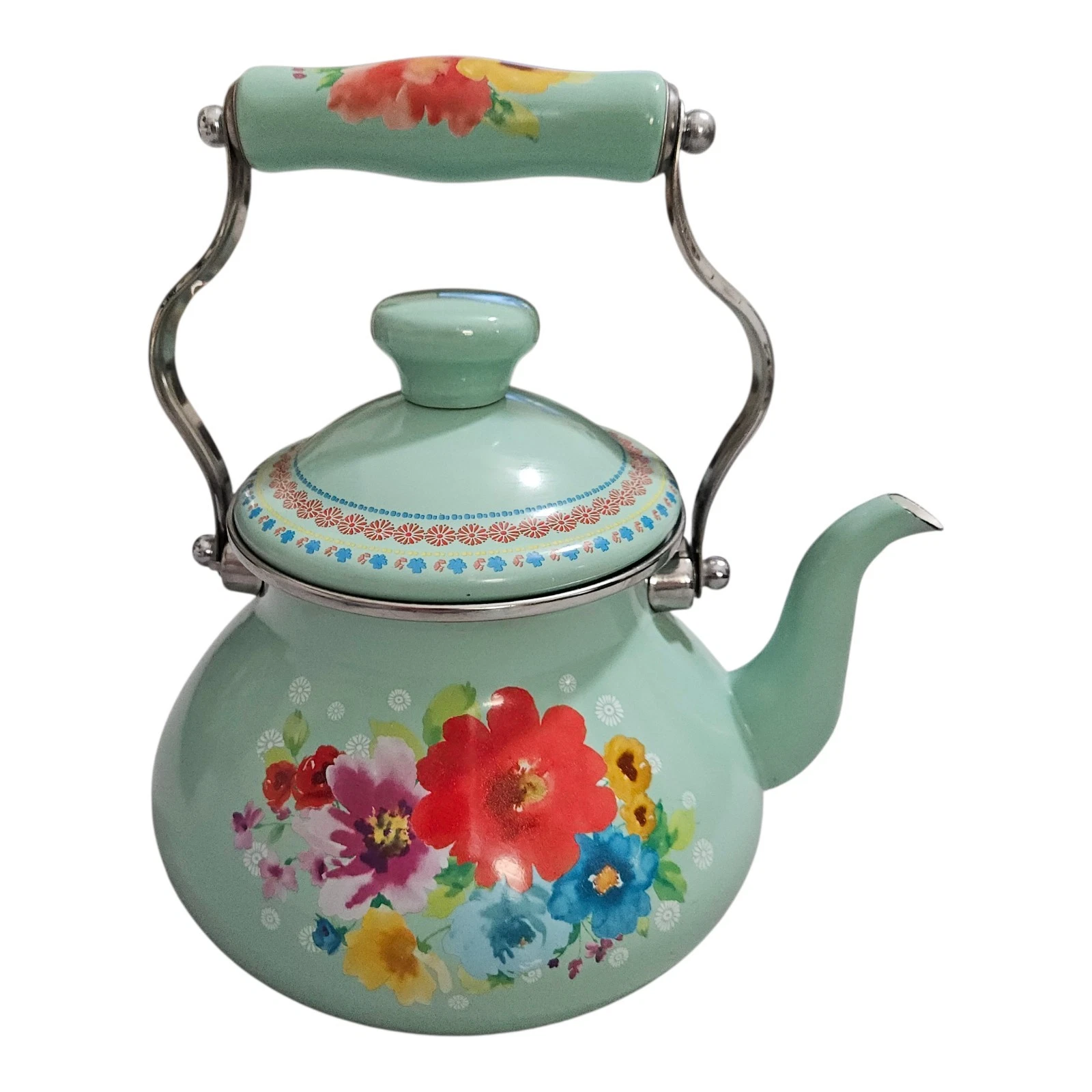 Pioneer Woman Breezy Blossom Cottage Tea Kettle Floral Enamel On Steel 1.9-Quart