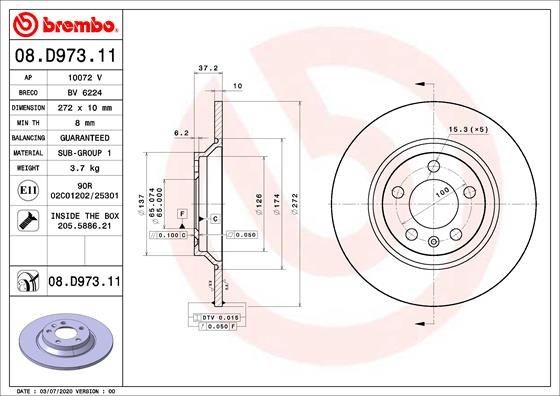 Disque de frein 08.D973.11 BREMBO pour AUDI et VW en pack de 2 pièces