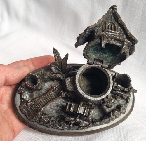 UNUSUAL ANTIQUE BRONZE WATERMILL INKWELL NOVELTY INKSTAND ENCRIER DIP PEN RESTS - Picture 5 of 20