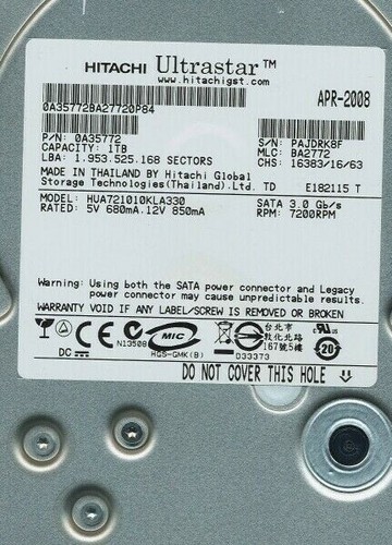 Hitachi Ultrastar 0A35772 1TB 7.2K RPM 3Gbps SATA 3.5" LFF Drive HUA721010KLA330 - 第 1/1 張圖片
