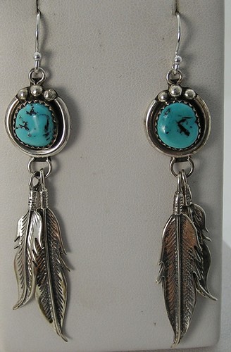 E. Largo Navajo Number 8 Freeform Turquoise Cabs w/Feather Dangles Wire Earrings
