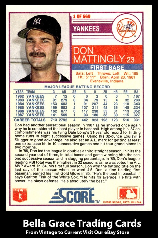 1988 Score Don Mattingly 1 New York Yankees MLB Baseball eBay