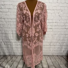 Women  s Mesh Lace Boho Duster Kimono Cardigan Size Small Pink