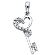 14K Real White Gold CZ Heart Design Key Pendant For Girls Women