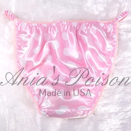 Bragas de colección estilo satén corte elegante señora sissy rosa lunares cuerda bikini - Imagen 3 de 6