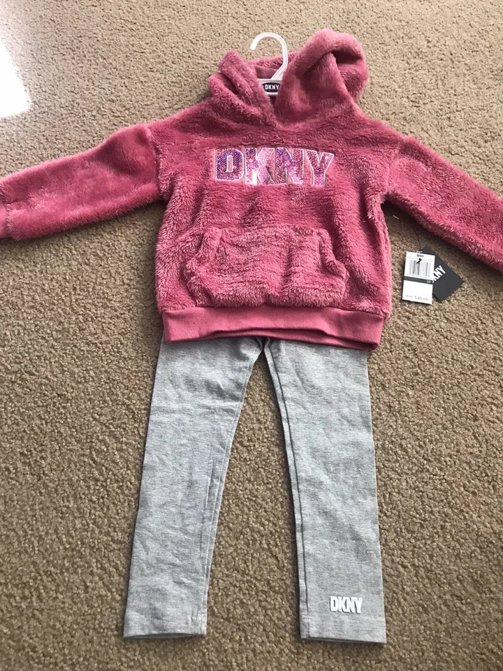 DKNY Toddler Girls Size 3T 2Pc Set Fleece Hoodie Leggings Pants Pink NWT - Image 2 of 4