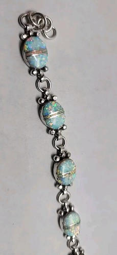 Navajo Lorenzo Secatero Sterling Opal Inlay Link 8¾" Bracelet 16g Southwest Vtg - Picture 20 of 24