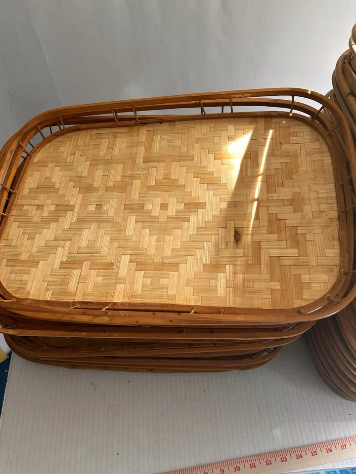 12 Vintage Wicker Rattan Bamboo Serving Trays Tiki Lap Stacking Mid Century Boho - Image 2 of 4