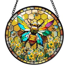 7.8" Bee Suncatcher Stained Glass Window Hanging Yellow Flower Ornaments Sunc...