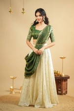 New Launching Pure Crap Silk White Lehenga Choli With Green Dupatta For Women