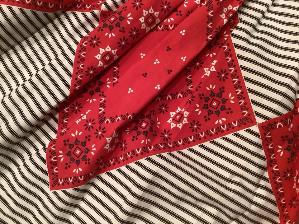 Vintage 1960s Handkerchief Sundress Cotton Blend Red Blue Ticking Med - Image 3 of 4