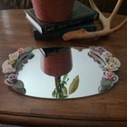 Vintage Mirrored Vanity Tray Pink Porcelain Roses Oval plus single candle holder