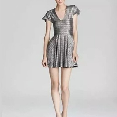 Alexis Skyla Metallic Skater Dress Flutter Sleeve V Neck Mini Silver Small