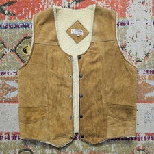 VTG Zamher Leather Gilet Snap Vest Men s Large 80s Western Suede Sherpa Lined