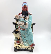 Vintage Guan Yu Ceramic Statue 10.5" Red Face Chinese God of War Home Decor