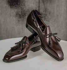 New Pure Handmade Men's Tassel Loafer Brown Cowhide Leather Moccasins Dress Shoe