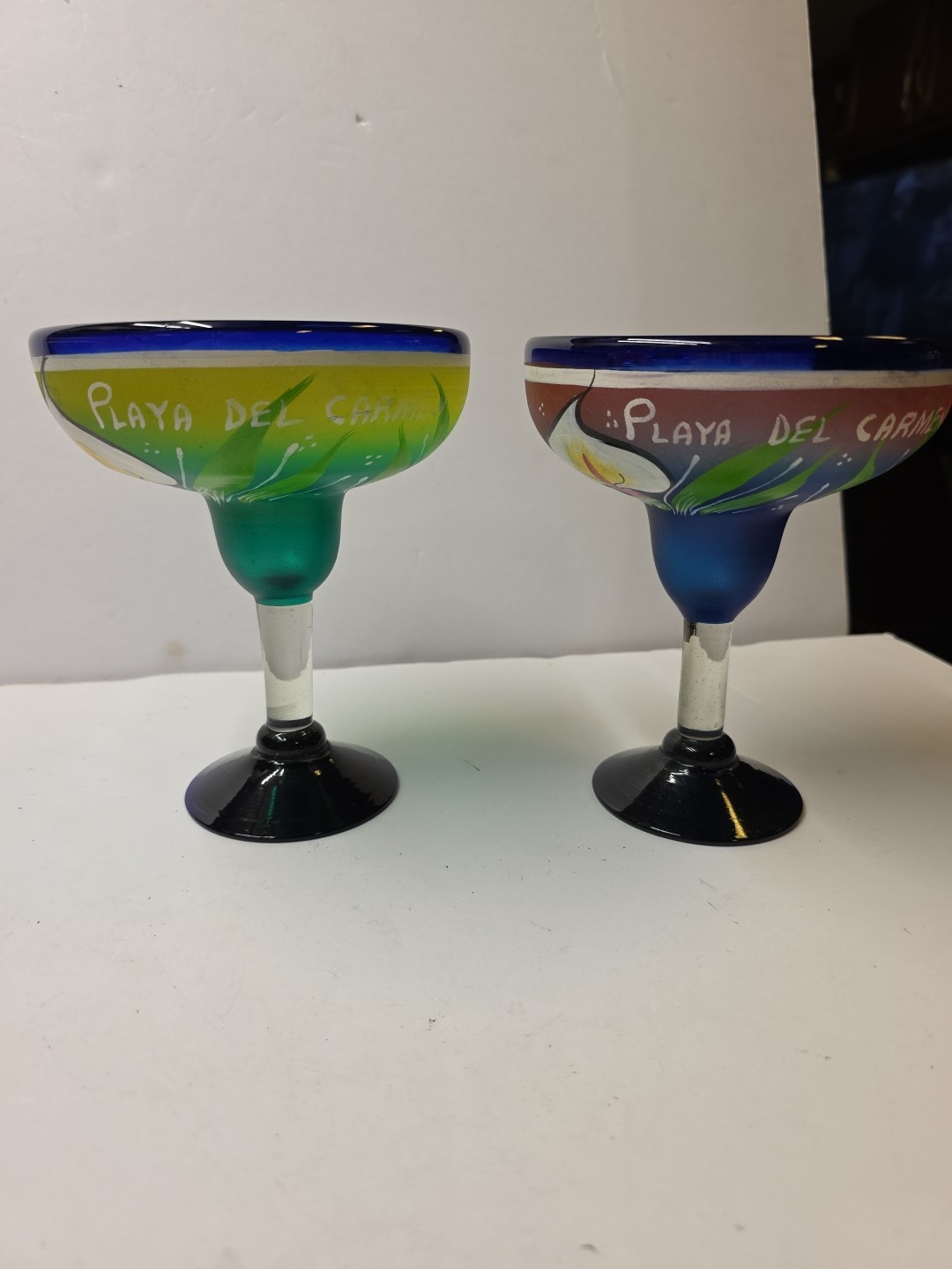 Cobalt Blue Mexican Hand Blown Hand Painted Margarita Glass