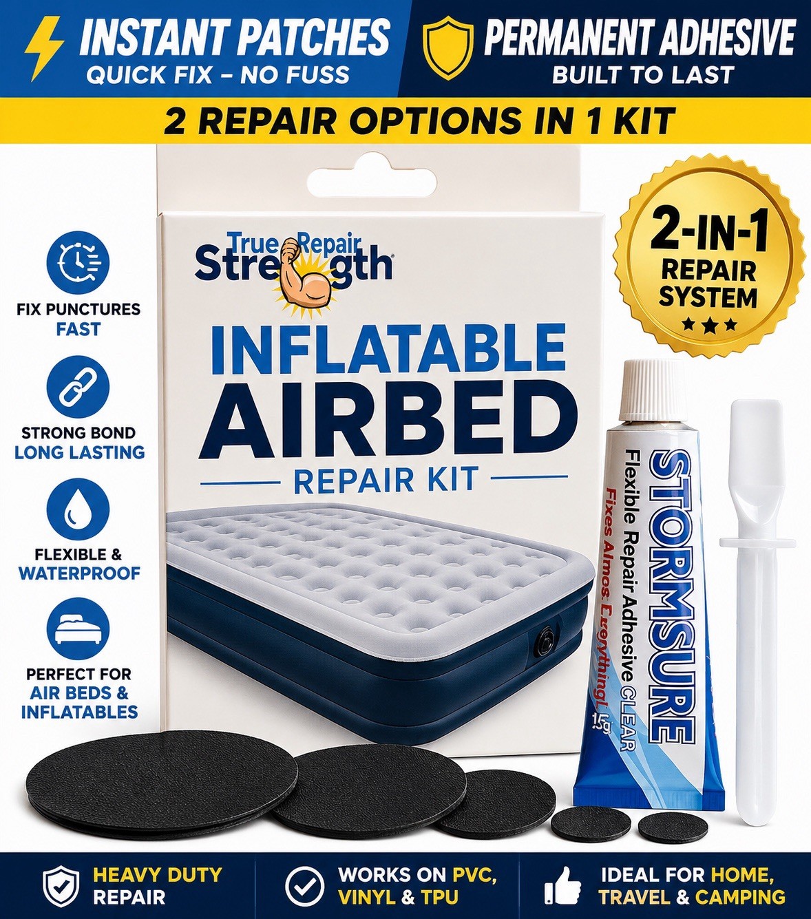 Inflatable mattress repair kit airbed repair patch glue PVC vinyl suede strong