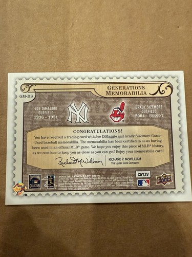 2009 Upper Deck SP Legendary Cuts Joe DiMaggio Grady Sizemore Game Used Jersey - Picture 2 of 2