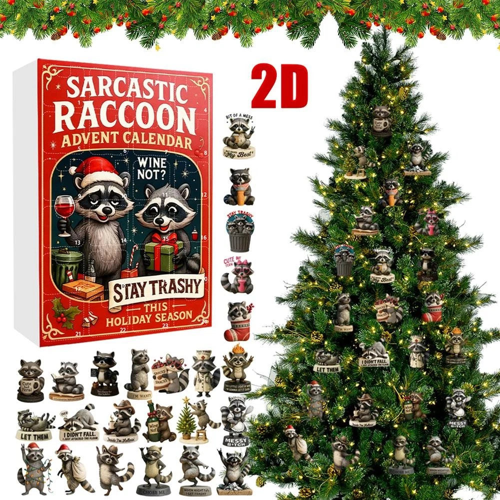 2D Christmas Raccoon Blind Box Acrylic Ornament 24 Days Countdown Holiday C H2H9