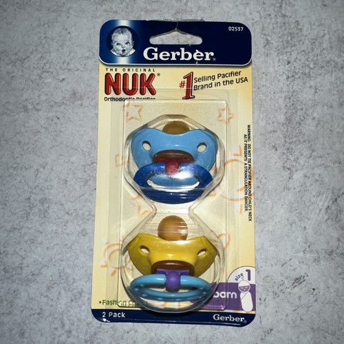2 Gerber NUK Orthodontic Latex Pacifiers Size 1 Blue Yellow Newborn - Picture 1 of 3