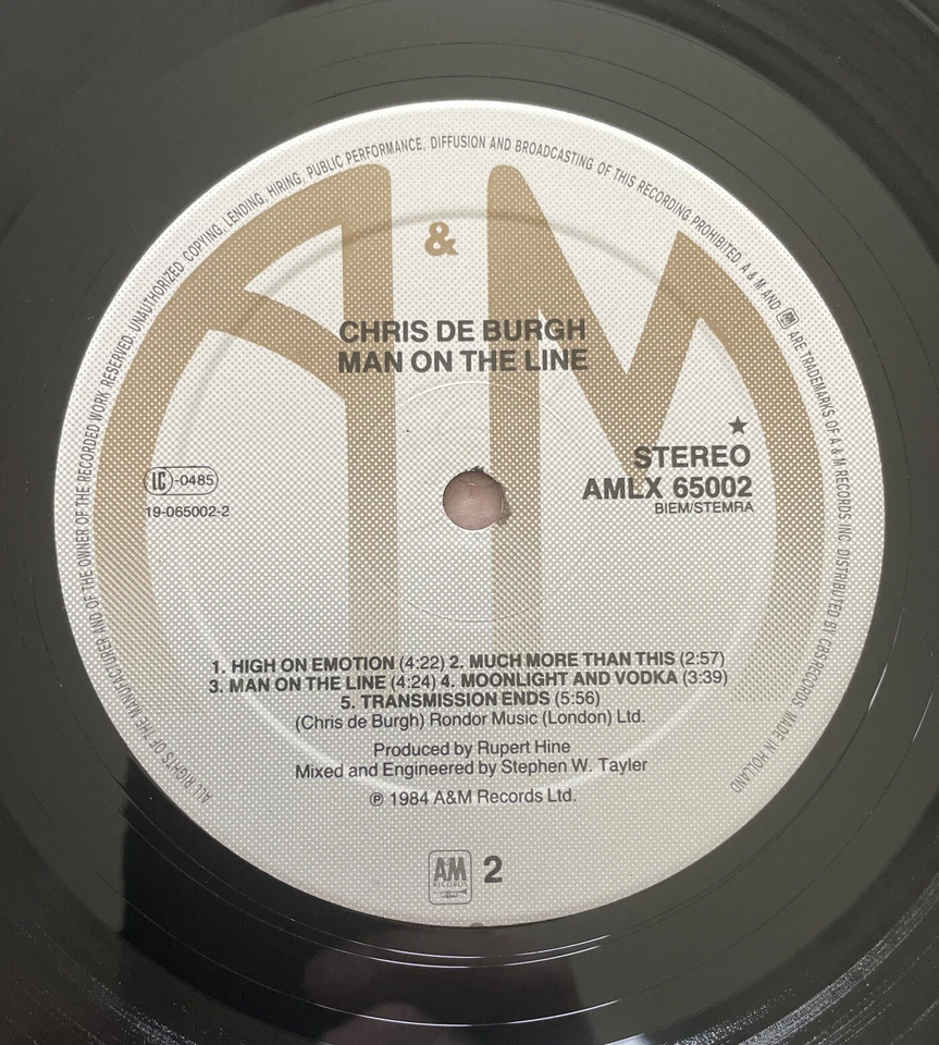 CHRIS DE BURGH MAN ON THE LINE VINYL LP +INNER LYRIC SLEEVE 1984 A&M EX/VG+ - Image 4 of 4